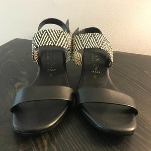 Italian Leather Black Patterned 2in Block Heel Sandal